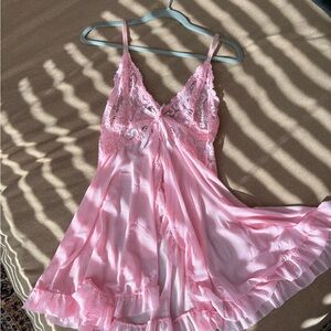 Delicate Pink Lace Satin Chemise Nightgown